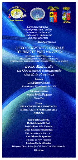 Domani, mercoledì 6 febbraio, Lectio Magistralis del Commissario straordinario Mario Ciclosi, agli studenti del Liceo Scientifico Domani, mercoledì 6 febbraio, Lectio Magistralis del Commissario straordinario Mario Ciclosi, agli studenti del Liceo Scientifico